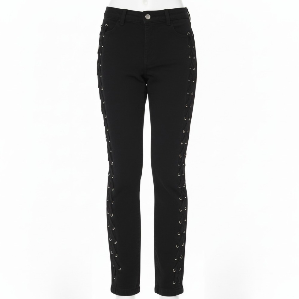 Black Lace Up Side Skinny Jeans Women Size 12 Grommet Detail Stretch Denim
